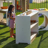 Whitney Brothers outdoorED Storage Shelf Outdoor Classroom Storage Shelf - outdoor side view with children accessing storage