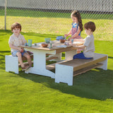 Whitney Brothers outdoorED Table and Two Bench Set Outdoor Classroom Table Set - outdoor lifestyle view with children seated at the table