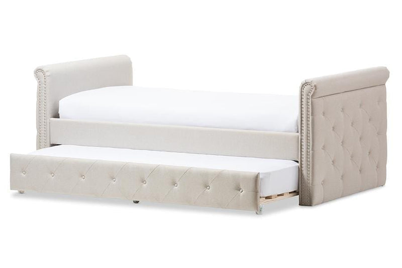 Swamson Modern and Contemporary Beige Fabric Tufted Twin Size Daybed with Roll-out Trundle Guest Bed
