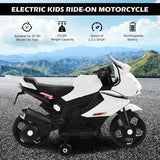6V Kids Ride-On Motorbike – White electric motorcycle with training wheels and built-in music for safe and exciting rides – MonkeyBunks.com.