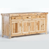 Cedar hand-peeled buffet with rustic log design, natural wood texture, and handcrafted construction ideal for lodge or cabin dining spaces