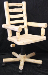 Handcrafted rustic cedar log desk chair with natural wood finish and backrest.