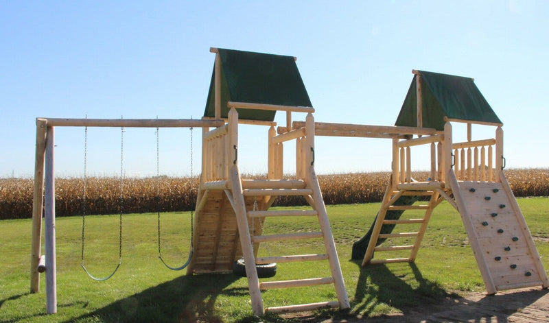 Cedar Peak Log Playground Double Tower With Monkey Bars, Swings, Slide & Tire Swing