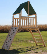 Outdoor wooden play tower with slide from the Cedar Peak playground collection.