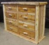An 8-drawer dresser made of hand-peeled log with a natural wood finish, featuring log edging on the front and sides.