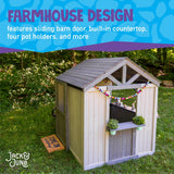 Jack & June wooden outdoor playhouse for kids with windows, door, and porch – ideal backyard play structure for imaginative play.