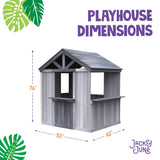 Jack & June wooden outdoor playhouse for kids with windows, door, and porch – ideal backyard play structure for imaginative play.