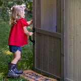 Jack & June wooden outdoor playhouse for kids with windows, door, and porch – ideal backyard play structure for imaginative play.