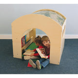 Child reading inside the Nature View Reading Retreat quiet-space nook — front classroom view
